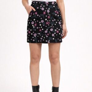 LOFT Black Mini Skirt with Pink and Lavender Floral Pattern